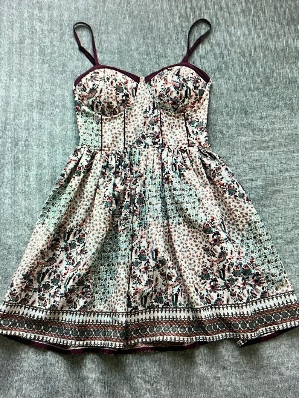 American Rag Cream Floral Bustier Midi Dress with Burgundy Trim